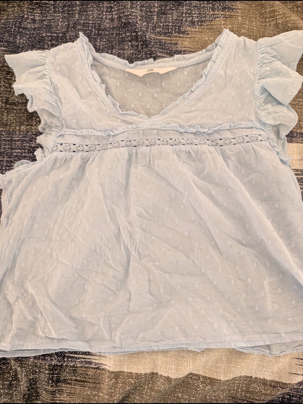 H&M Light Blue Flutter Sleeve Lace-Trim Blouse